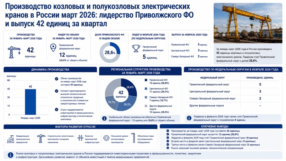 Производство козловых и полукозловых электрических кранов в России март 2026: лидерство Приволжского федерального округа и выпуск 42 единиц за квартал