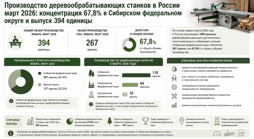 Производство деревообрабатывающих круглопильных, ленточнопильных и лобзиковых станков в России март 2026: концентрация 67,8% в Сибирском федеральном округе и выпуск 394 единицы