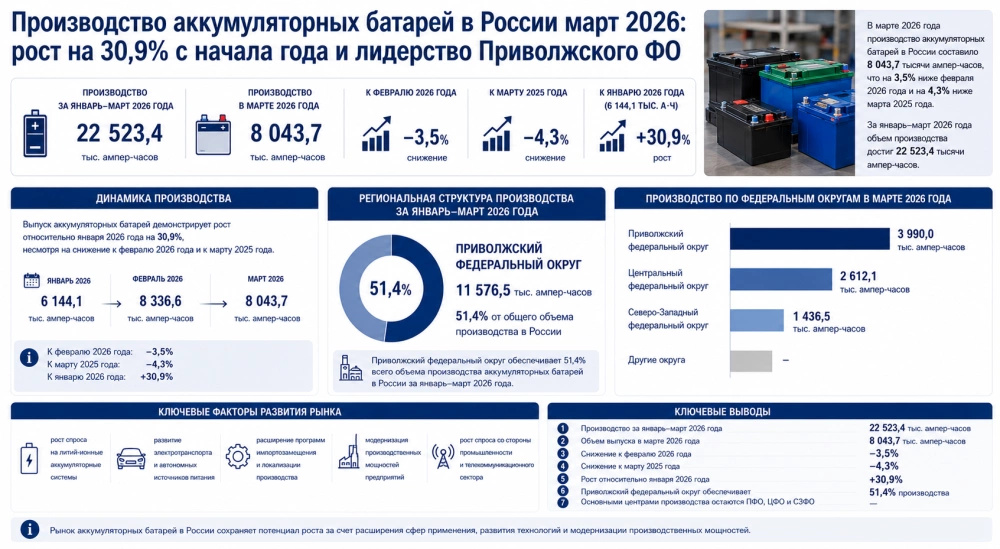 Производство аккумуляторных батарей в России март 2026: рост на 30,9% с начала года и лидерство Приволжского федерального округа