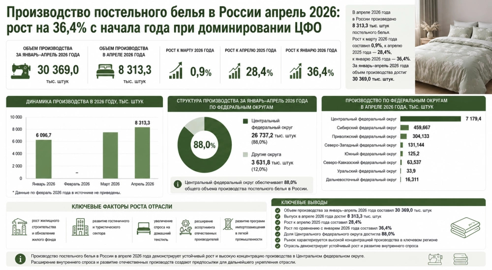 Производство постельного белья в России апрель 2026: рост на 36,4% с начала года при доминировании Центрального федерального округа