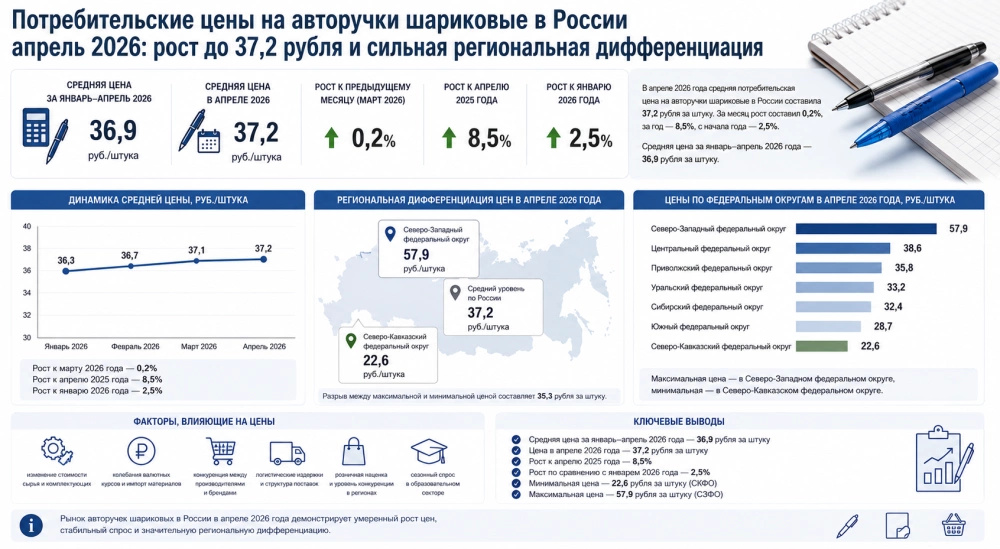 Потребительские цены на авторучки шариковые в России апрель 2026: рост до 37,2 рубля и сильная региональная дифференциация