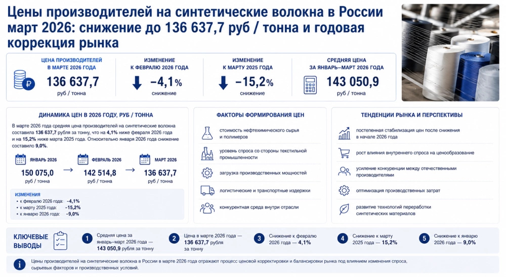 Цены производителей на синтетические волокна в России март 2026: снижение до 136 637,7 руб / тонна и годовая коррекция рынка