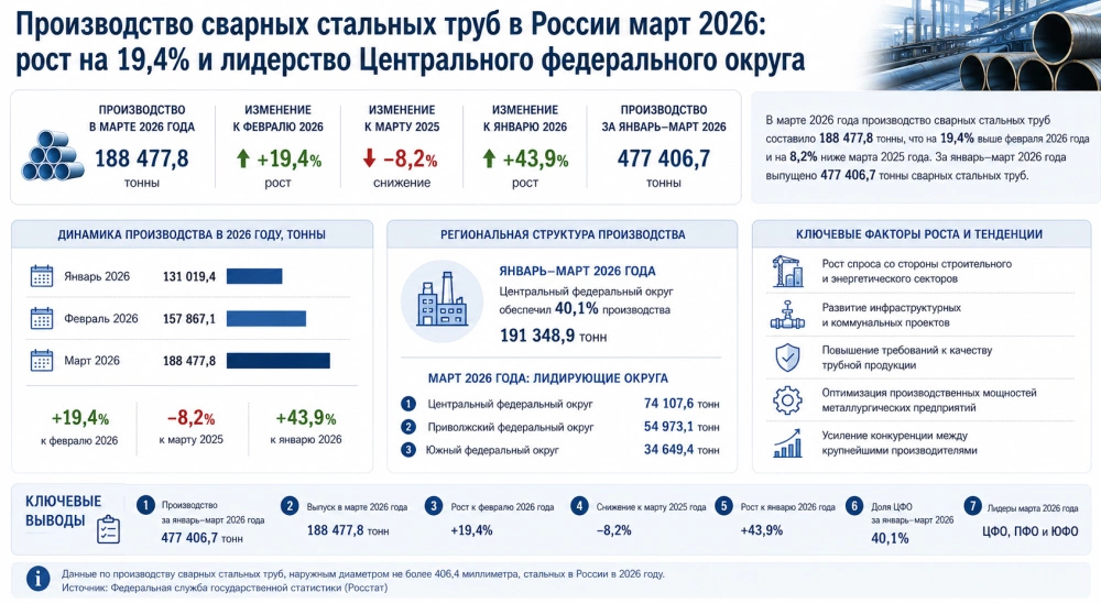 Производство сварных стальных труб в России март 2026: рост на 19,4% и лидерство Центрального федерального округа