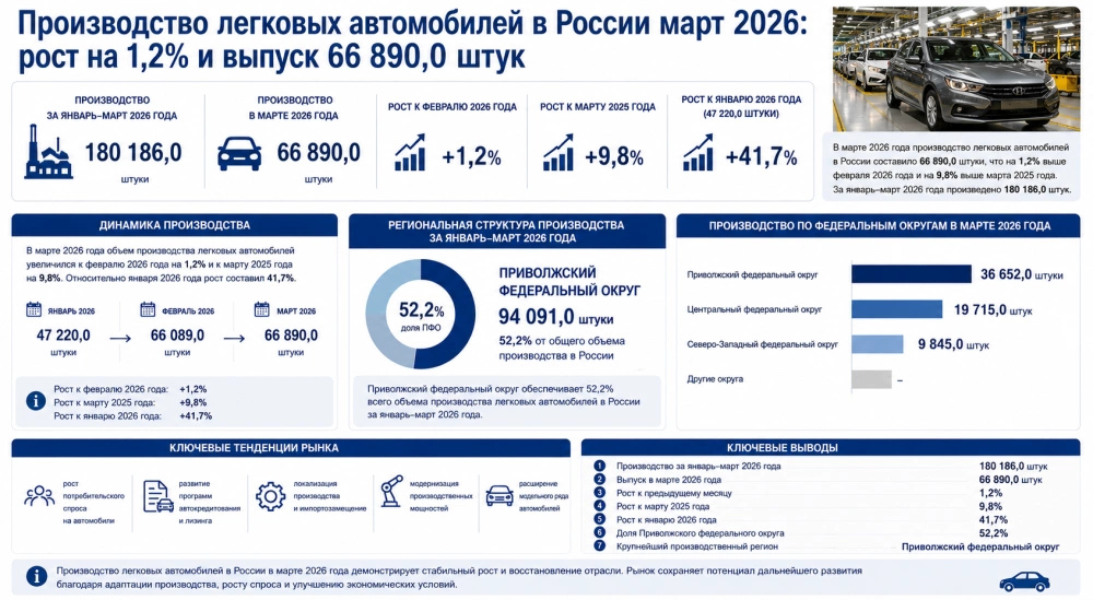Производство легковых автомобилей в России март 2026: рост на 1,2% и выпуск 66 890,0 штук