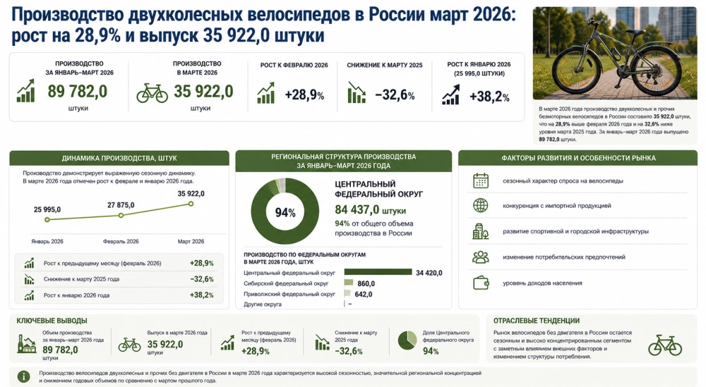 Производство двухколесных велосипедов в России март 2026: рост на 28,9% и выпуск 35 922,0 штуки