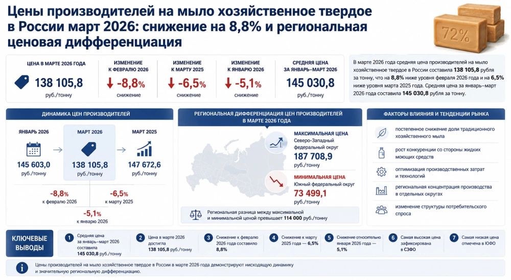 Цены производителей на мыло хозяйственное твердое в России март 2026: снижение на 8,8% и региональная ценовая дифференциация