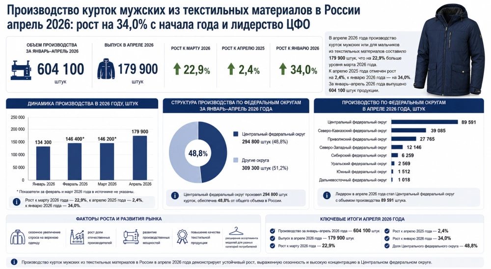 Производство курток мужских из текстильных материалов в России апрель 2026: рост на 34,0% с начала года и лидерство Центрального федерального округа