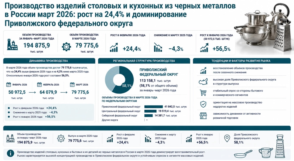 Производство изделий столовых и кухонных из черных металлов в России март 2026: рост на 24,4% и доминирование Приволжского федерального округа