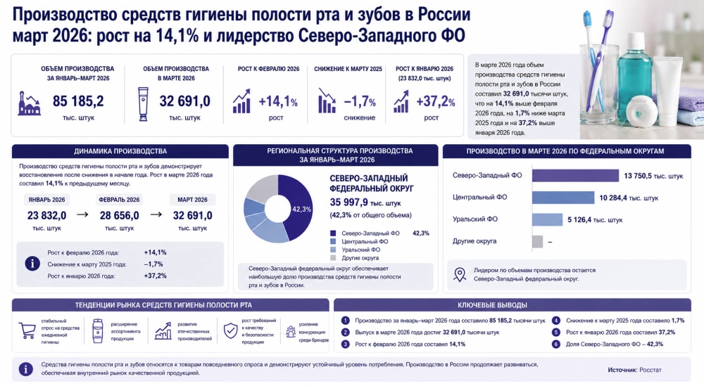 Производство средств гигиены полости рта и зубов в России март 2026: рост на 14,1% и лидерство Северо-Западного федерального округа