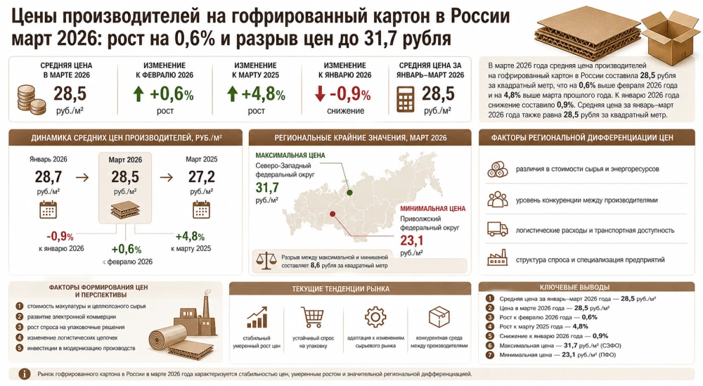 Цены производителей на гофрированный картон в России март 2026: рост на 0,6% и разрыв цен до 31,7 рубля