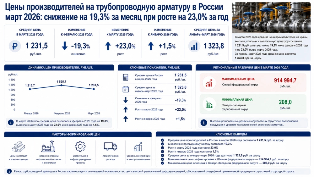 Цены производителей на трубопроводную арматуру в России март 2026: снижение на 19,3% за месяц при росте на 23,0% за год