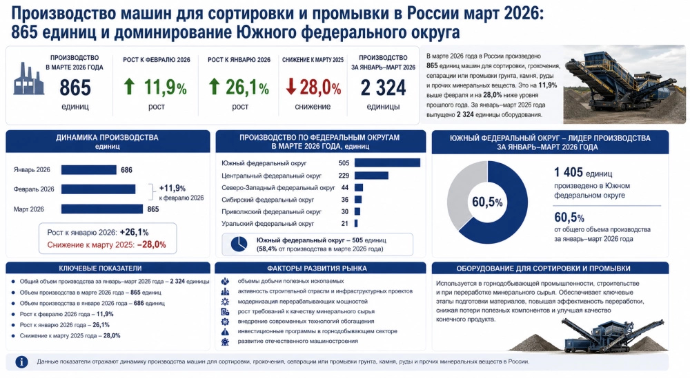Производство машин для сортировки и промывки в России март 2026: 865 единиц и доминирование Южного федерального округа