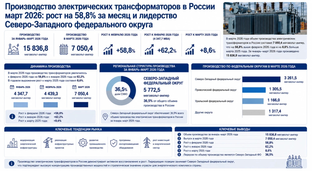 Производство электрических трансформаторов в России март 2026: рост на 58,8% за месяц и лидерство Северо-Западного федерального округа