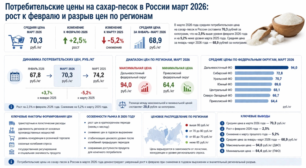 Потребительские цены на сахар-песок в России март 2026: рост к февралю и разрыв цен по регионам