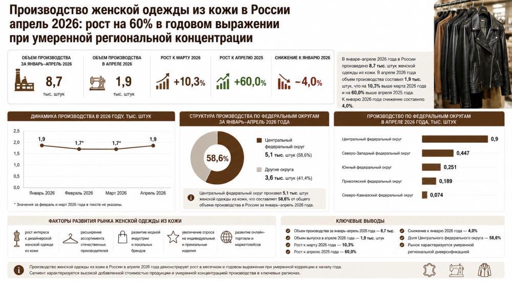 Производство женской одежды из кожи в России апрель 2026: рост на 60% в годовом выражении при умеренной региональной концентрации