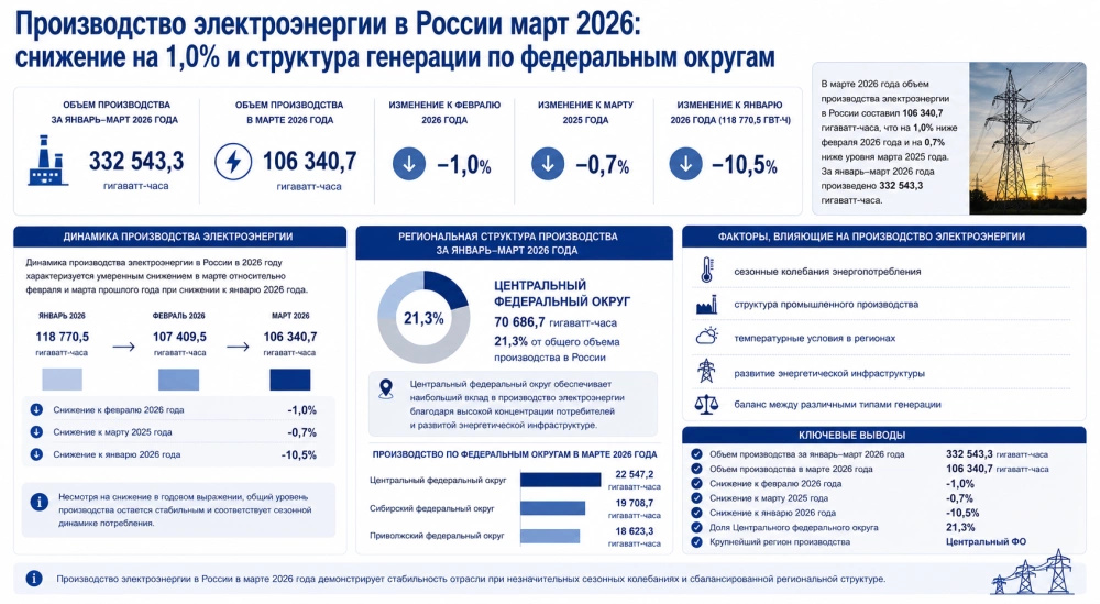 Производство электроэнергии в России март 2026: снижение на 1,0% и структура генерации по федеральным округам