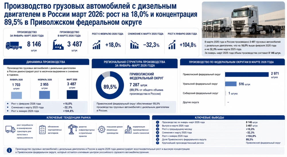Производство грузовых автомобилей с дизельным двигателем в России март 2026: рост на 18,0% и концентрация 89,5% в Приволжском федеральном округе