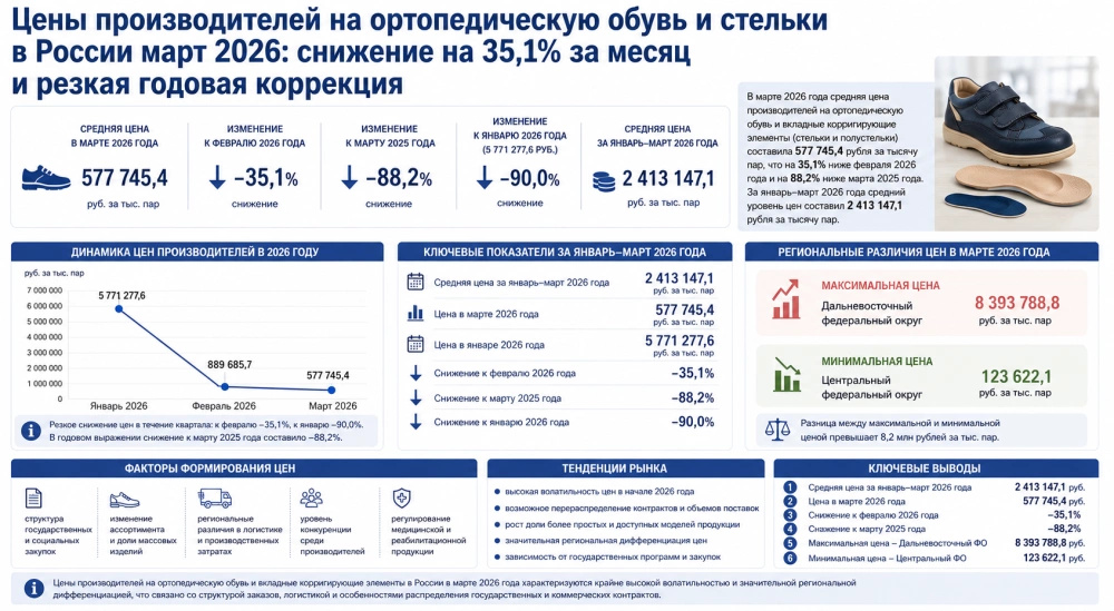 Цены производителей на ортопедическую обувь и стельки в России март 2026: снижение на 35,1% за месяц и резкая годовая коррекция