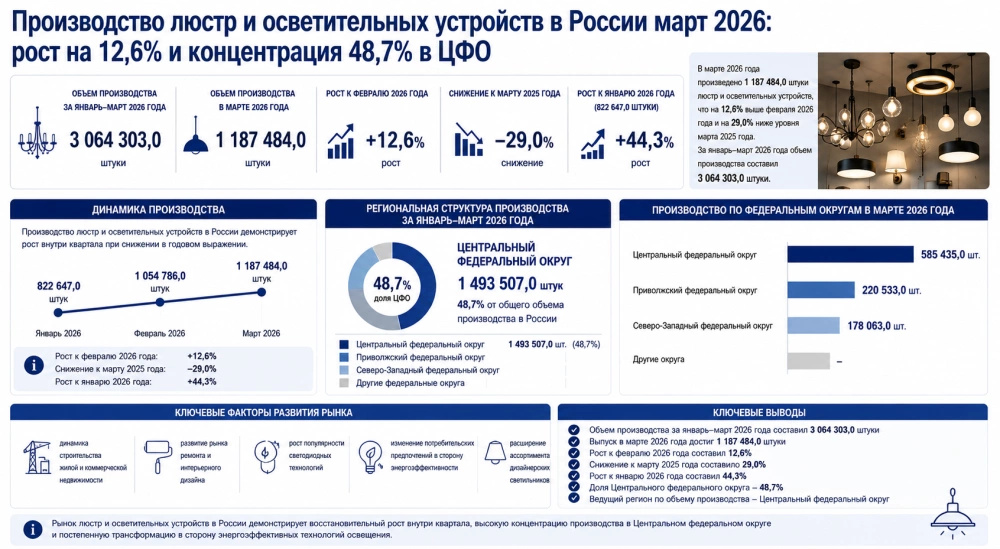 Производство люстр и осветительных устройств в России март 2026: рост на 12,6% и концентрация 48,7% в ЦФО