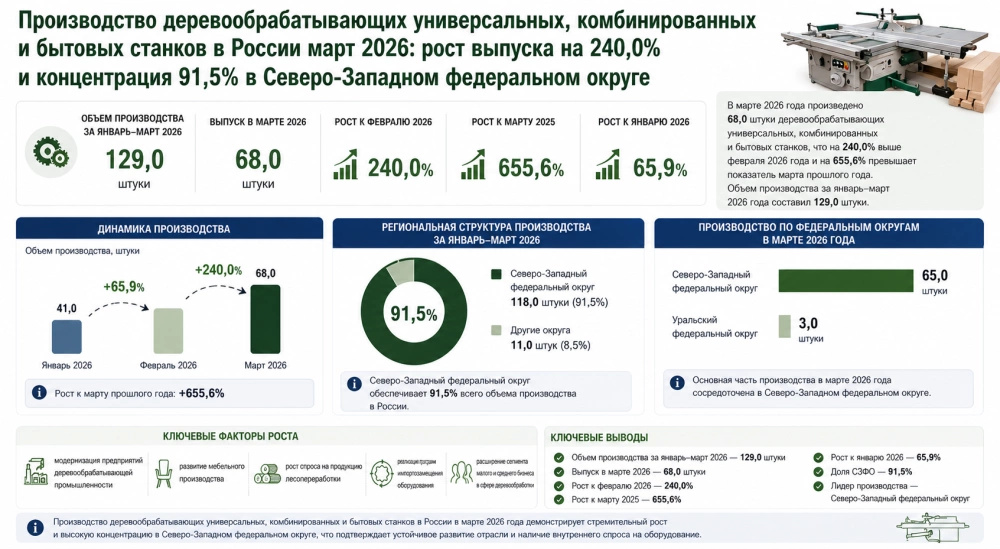 Производство деревообрабатывающих универсальных, комбинированных и бытовых станков в России март 2026: рост выпуска на 240,0% и концентрация 91,5% в Северо-Западном федеральном округе