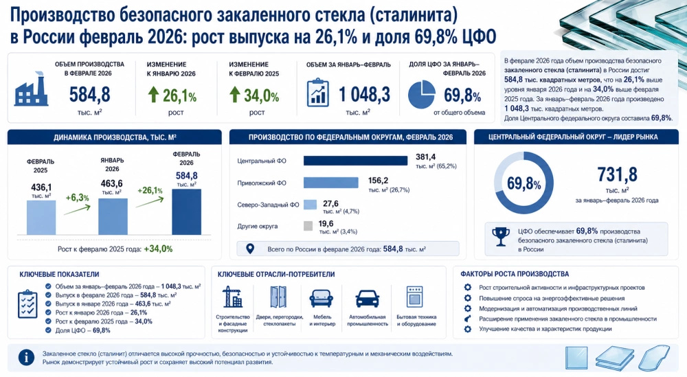 Производство безопасного закаленного стекла (сталинита) в России февраль 2026: рост выпуска на 26,1% и доля 69,8% ЦФО