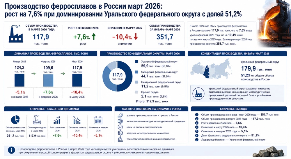 Производство ферросплавов в России март 2026: рост на 7,6% при доминировании Уральского федерального округа с долей 51,2%