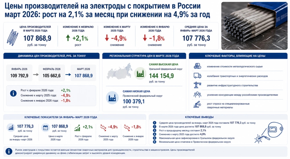 Цены производителей на электроды с покрытием в России март 2026: рост на 2,1% за месяц при снижении на 4,9% за год