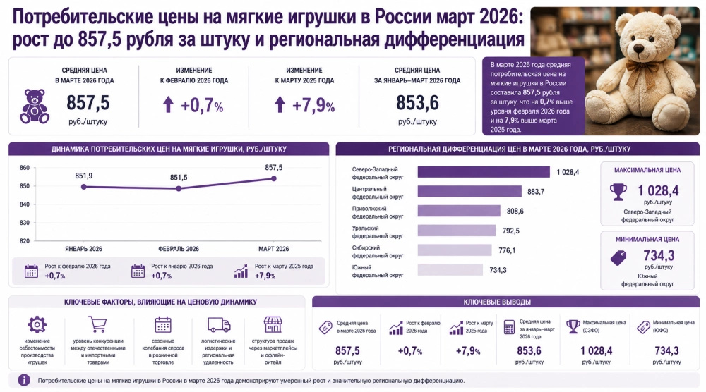 Потребительские цены на мягкие игрушки в России март 2026: рост до 857,5 рубля за штуку и региональная дифференциация