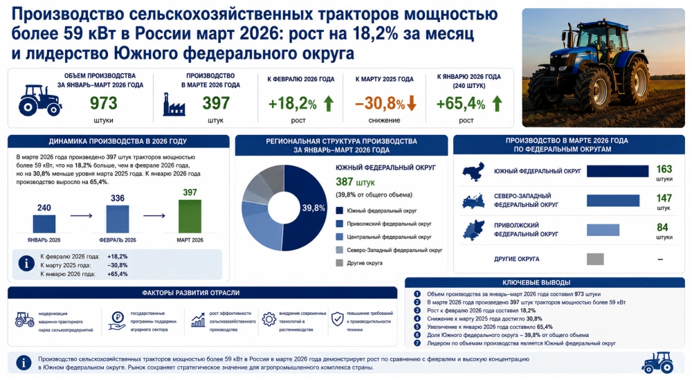 Производство сельскохозяйственных тракторов мощностью более 59 кВт в России март 2026: рост на 18,2% за месяц и лидерство Южного федерального округа