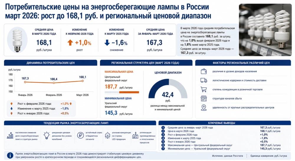 Потребительские цены на энергосберегающие лампы в России март 2026: рост до 168,1 руб. и региональный ценовой диапазон