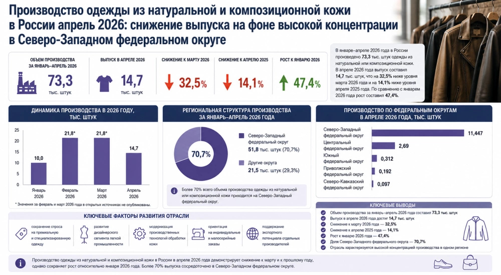 Производство одежды из натуральной и композиционной кожи в России апрель 2026: снижение выпуска на фоне высокой концентрации в Северо-Западном федеральном округе