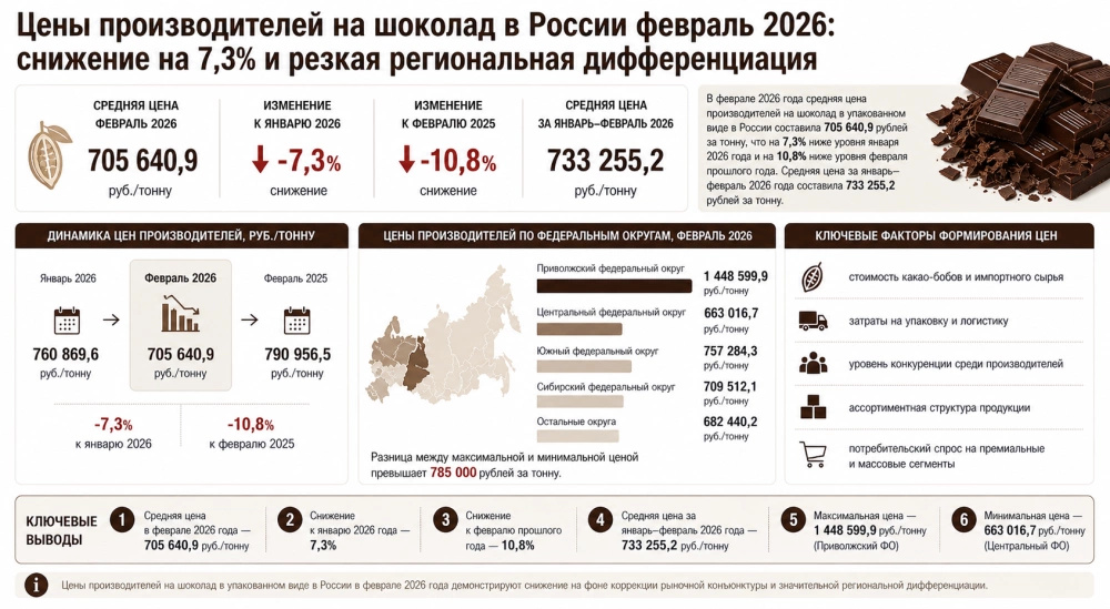 Цены производителей на шоколад в упакованном виде в России февраль 2026: снижение на 7,3% и резкая региональная дифференциация