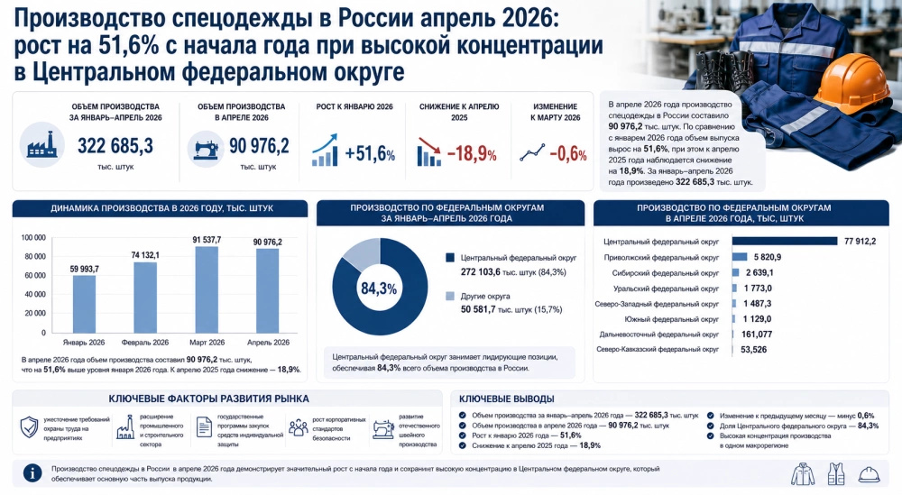 Производство спецодежды в России апрель 2026: рост на 51,6% с начала года при высокой концентрации в Центральном федеральном округе