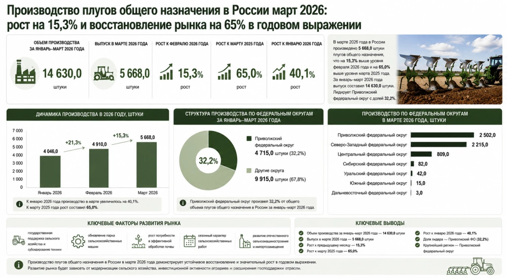 Производство плугов общего назначения в России март 2026: рост на 15,3% и восстановление рынка на 65% в годовом выражении
