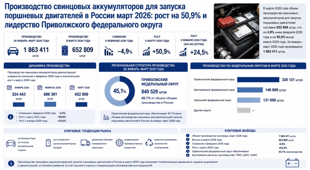 Производство свинцовых аккумуляторов для запуска поршневых двигателей в России март 2026: рост на 50,9% и лидерство Приволжского федерального округа