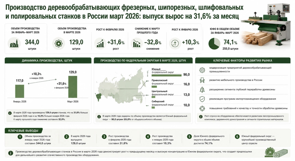 Производство деревообрабатывающих фрезерных, шипорезных, шлифовальных и полировальных станков в России март 2026: выпуск вырос на 31,6% за месяц