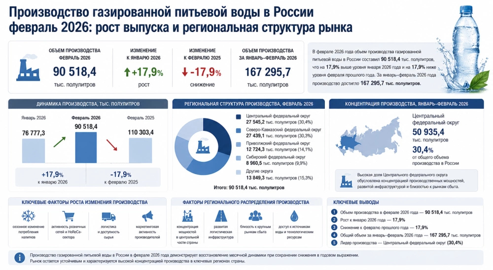 Производство газированной питьевой воды в России февраль 2026: рост выпуска и региональная структура рынка