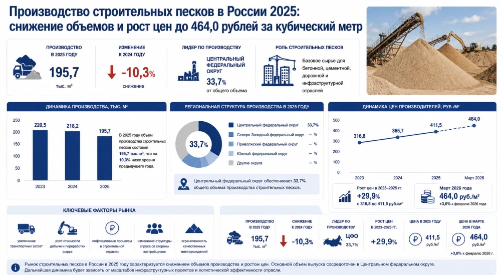 Производство строительных песков в России 2025: снижение объемов и рост цен до 464,0 рублей за кубический метр