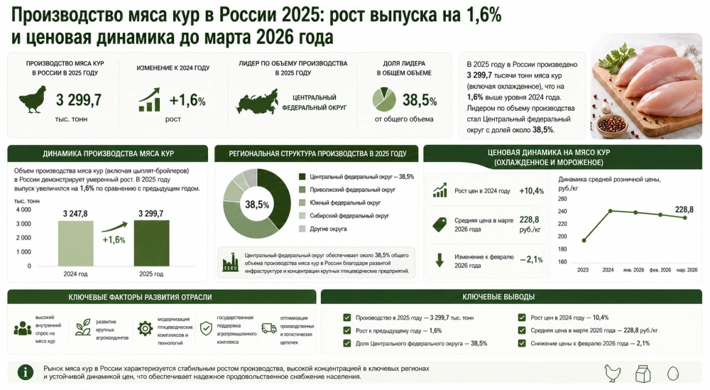 Производство мяса кур в России 2025: рост выпуска на 1,6% и ценовая динамика до марта 2026 года