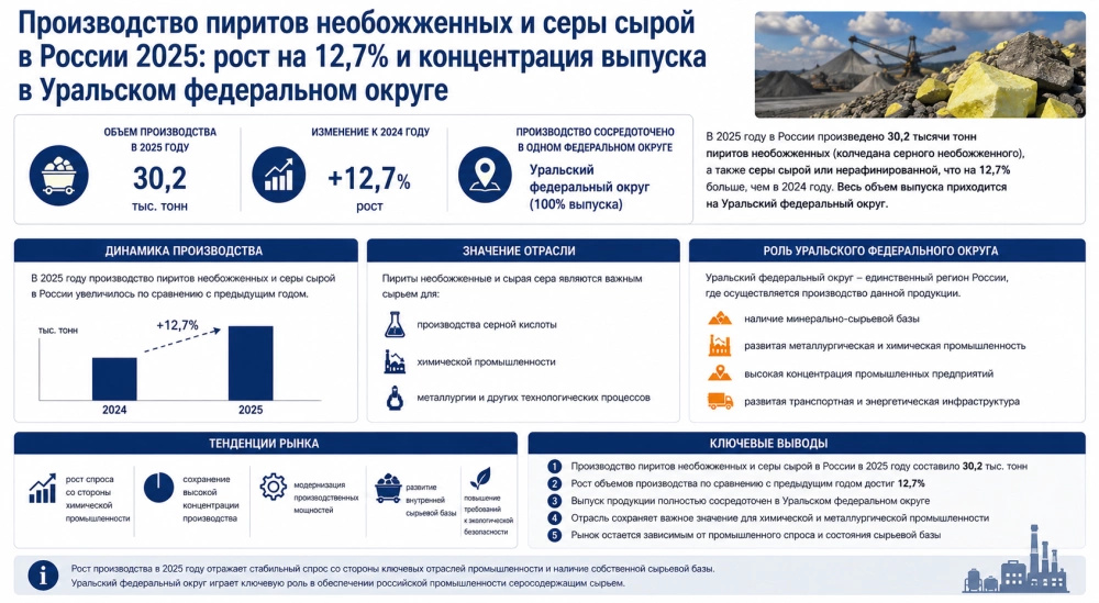 Производство пиритов необожженных и серы сырой в России 2025: рост на 12,7% и концентрация выпуска в Уральском федеральном округе
