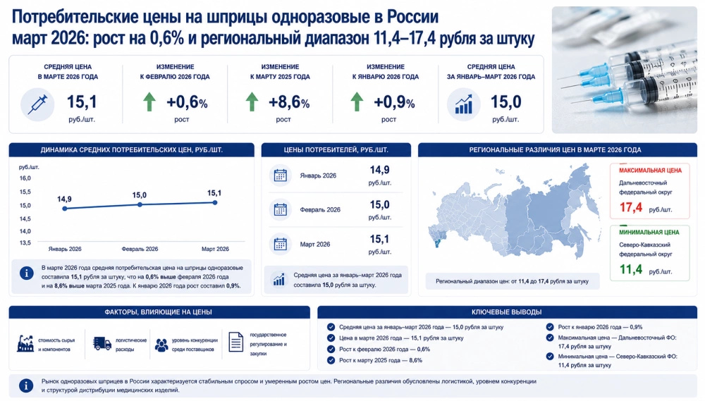 Потребительские цены на шприцы одноразовые в России март 2026: рост на 0,6% и региональный диапазон 11,4–17,4 рубля за штуку