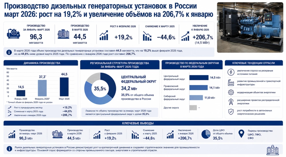 Производство дизельных генераторных установок в России март 2026: рост на 19,2% и увеличение объёмов на 206,7% к январю