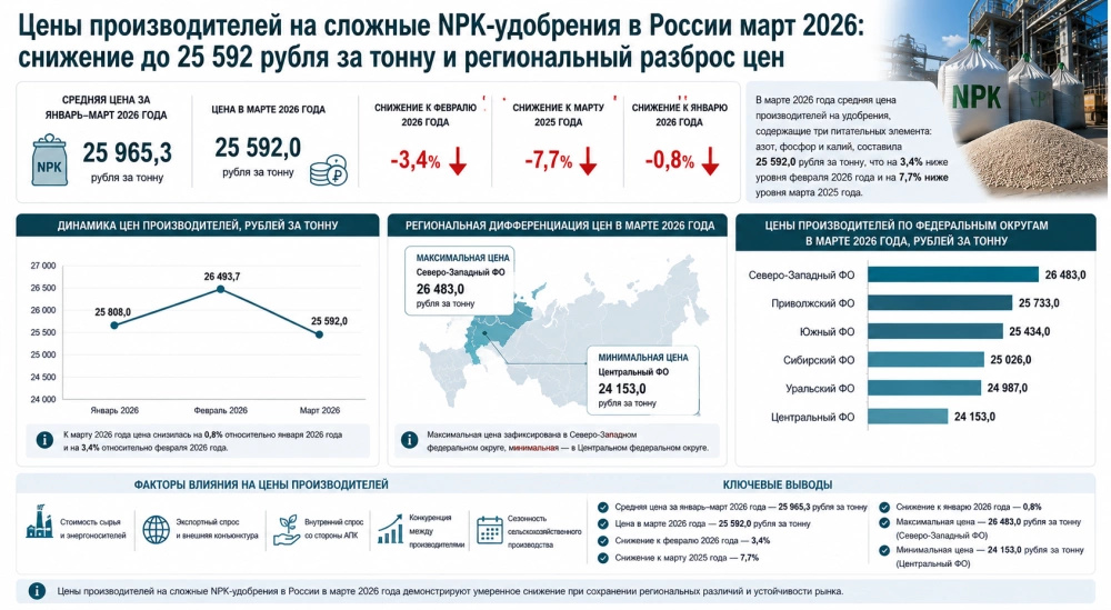 Цены производителей на сложные NPK-удобрения в России март 2026: снижение до 25 592 рубля за тонну и региональный разброс цен