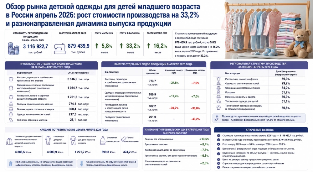 Обзор рынка детской одежды для детей младшего возраста в России апрель 2026: рост стоимости производства на 33,2% и разнонаправленная динамика выпуска продукции