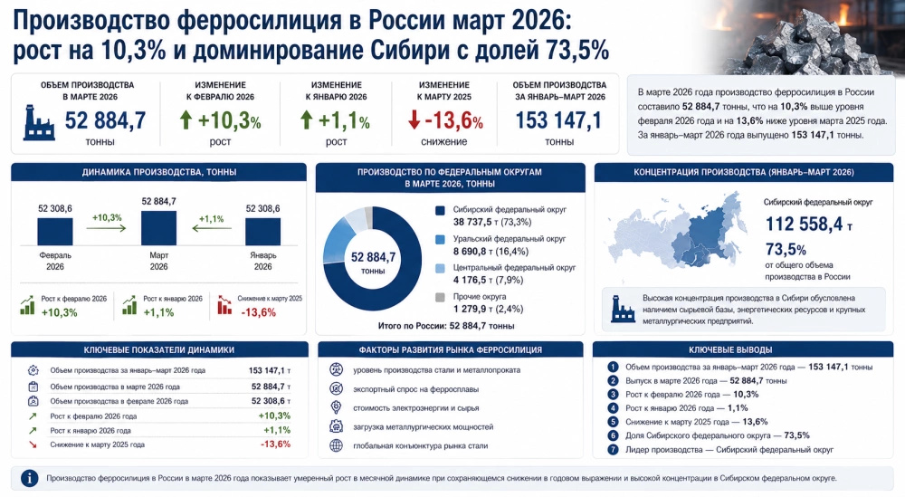 Производство ферросилиция в России март 2026: рост на 10,3% и доминирование Сибири с долей 73,5%
