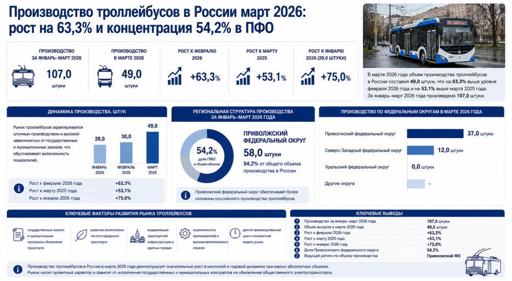 Производство троллейбусов в России март 2026: рост на 63,3% и концентрация 54,2% в ПФО