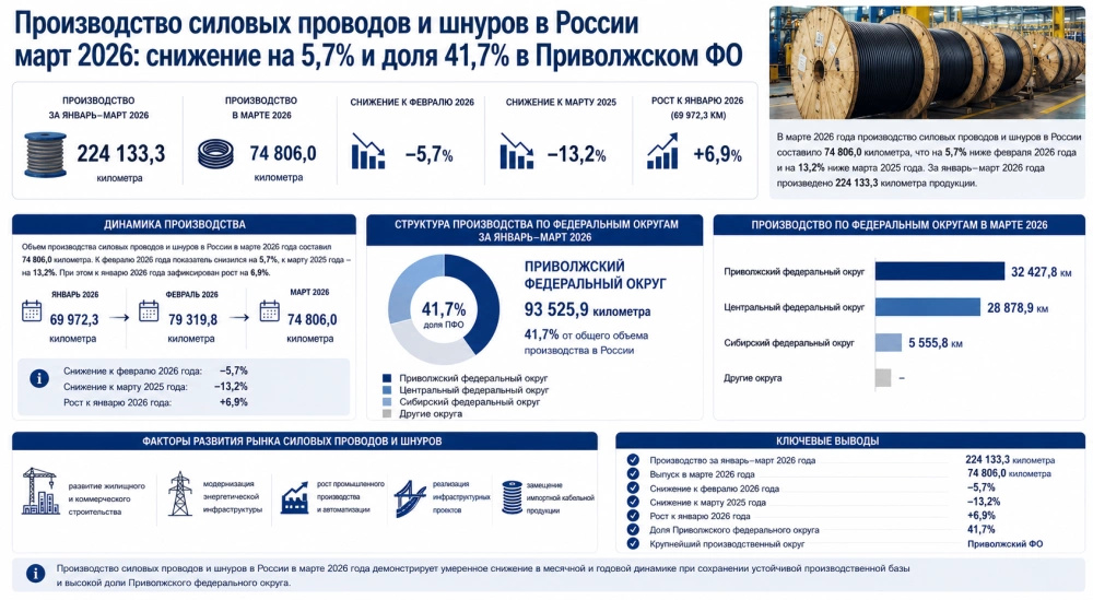 Производство силовых проводов и шнуров в России март 2026: снижение на 5,7% и доля 41,7% в Приволжском федеральном округе