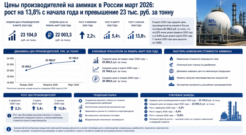 Цены производителей на аммиак в России март 2026: рост на 13,8% с начала года и превышение 23 тыс. руб. за тонну