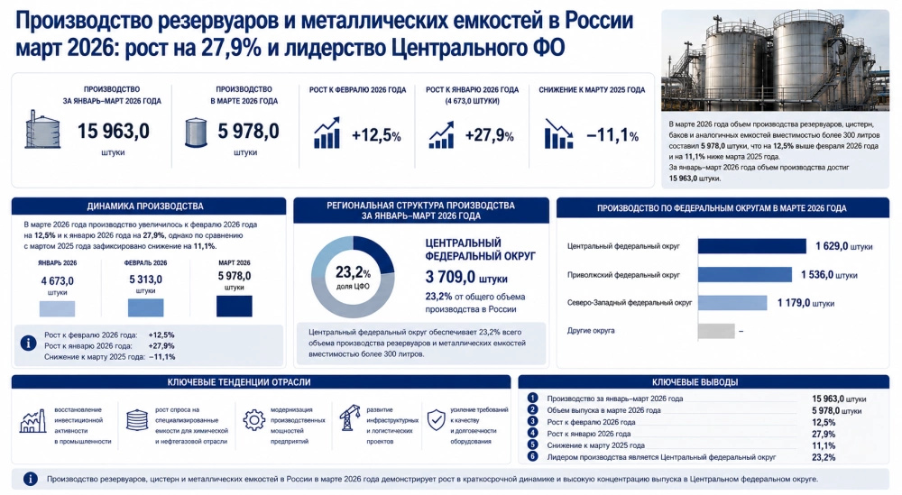Производство резервуаров и металлических емкостей в России март 2026: рост на 27,9% и лидерство Центрального федерального округа