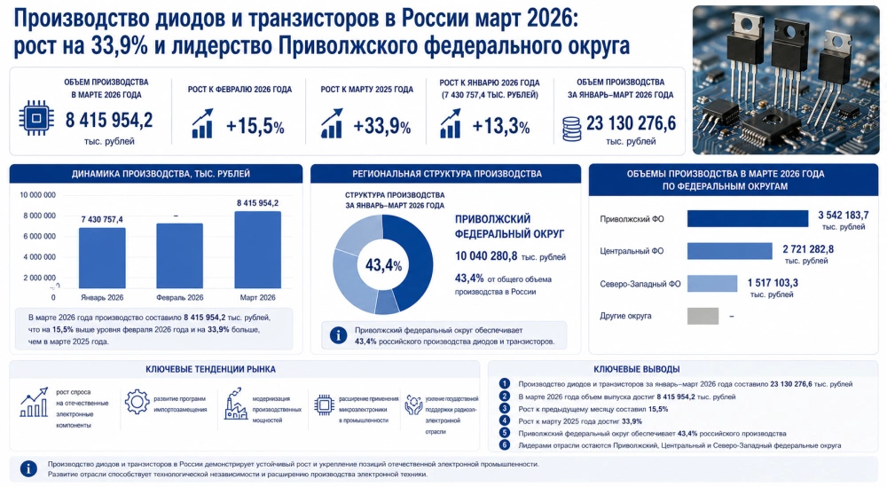 Производство диодов и транзисторов в России март 2026: рост на 33,9% и лидерство Приволжского федерального округа